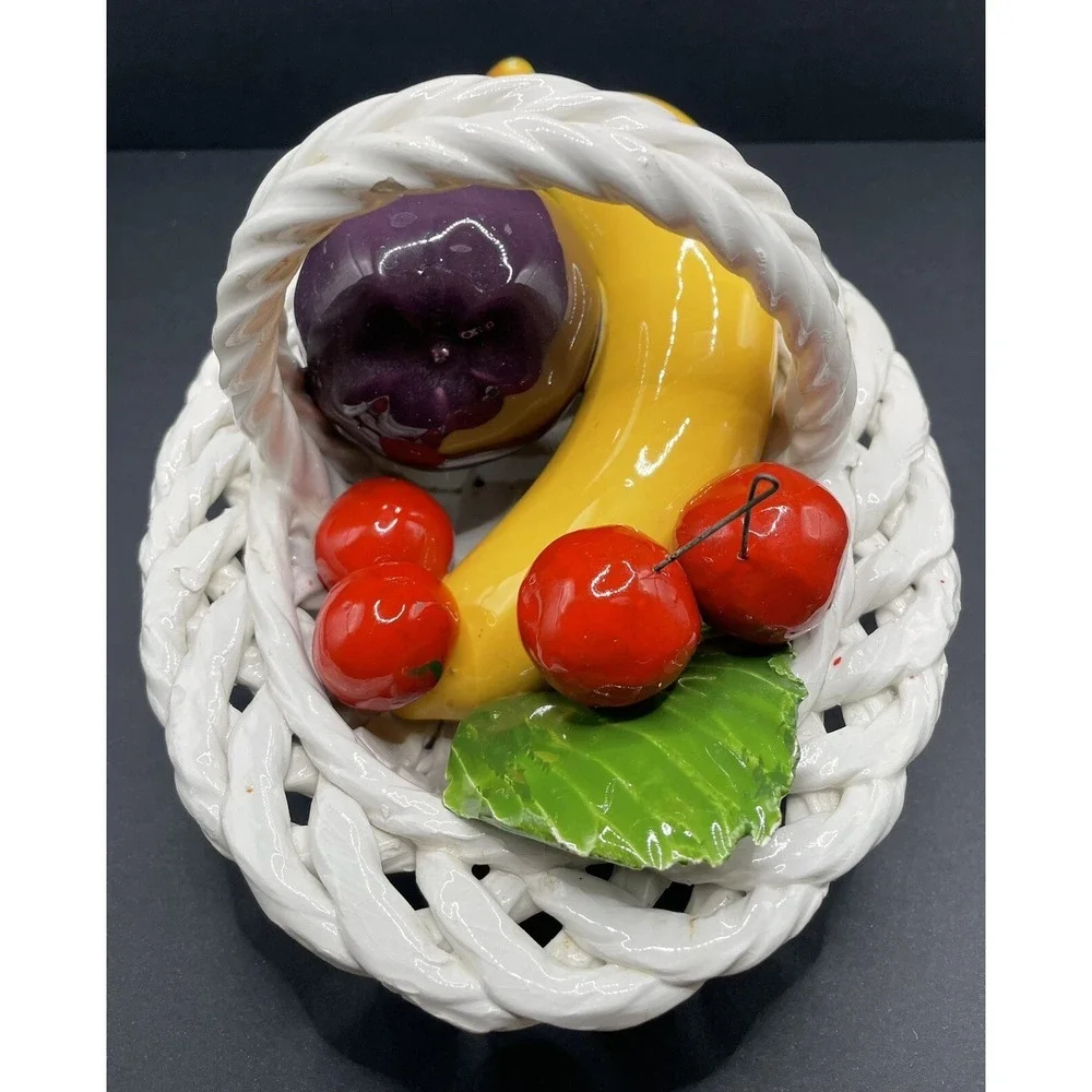 Vintage Capodimonte Porcelain Fruit Basket Plum Cherries Banana. Made in Italy